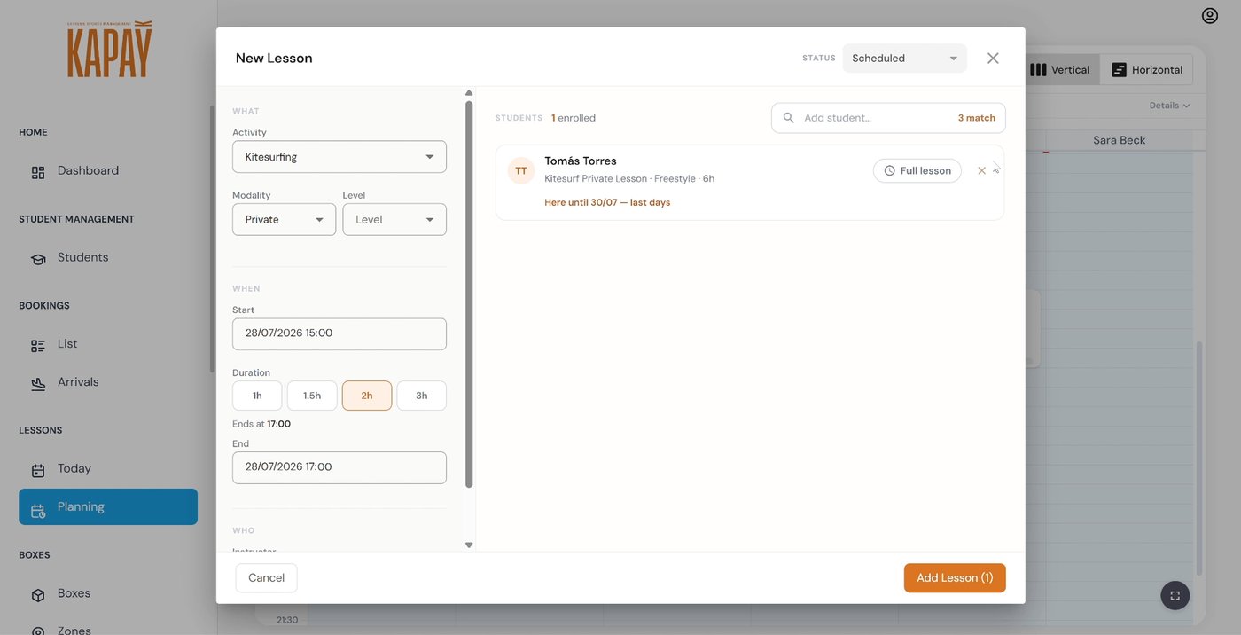 Kapay Platform: composing a private kitesurf lesson and enrolling a student